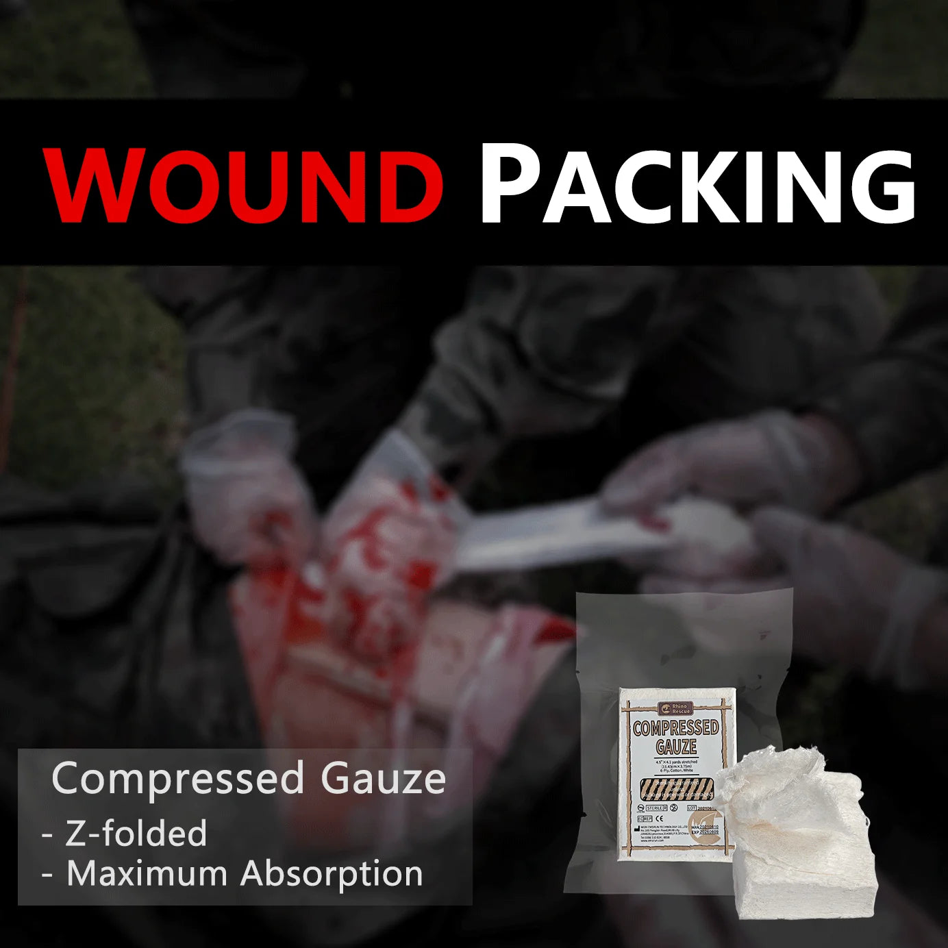 2 x Rhino Rescue Compressed Gauze Vendaje de Heridas Estéril de Emergencia